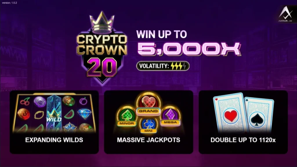 Interface do slot Crypto Crown 20 com símbolos de criptomoedas e frutas neon.