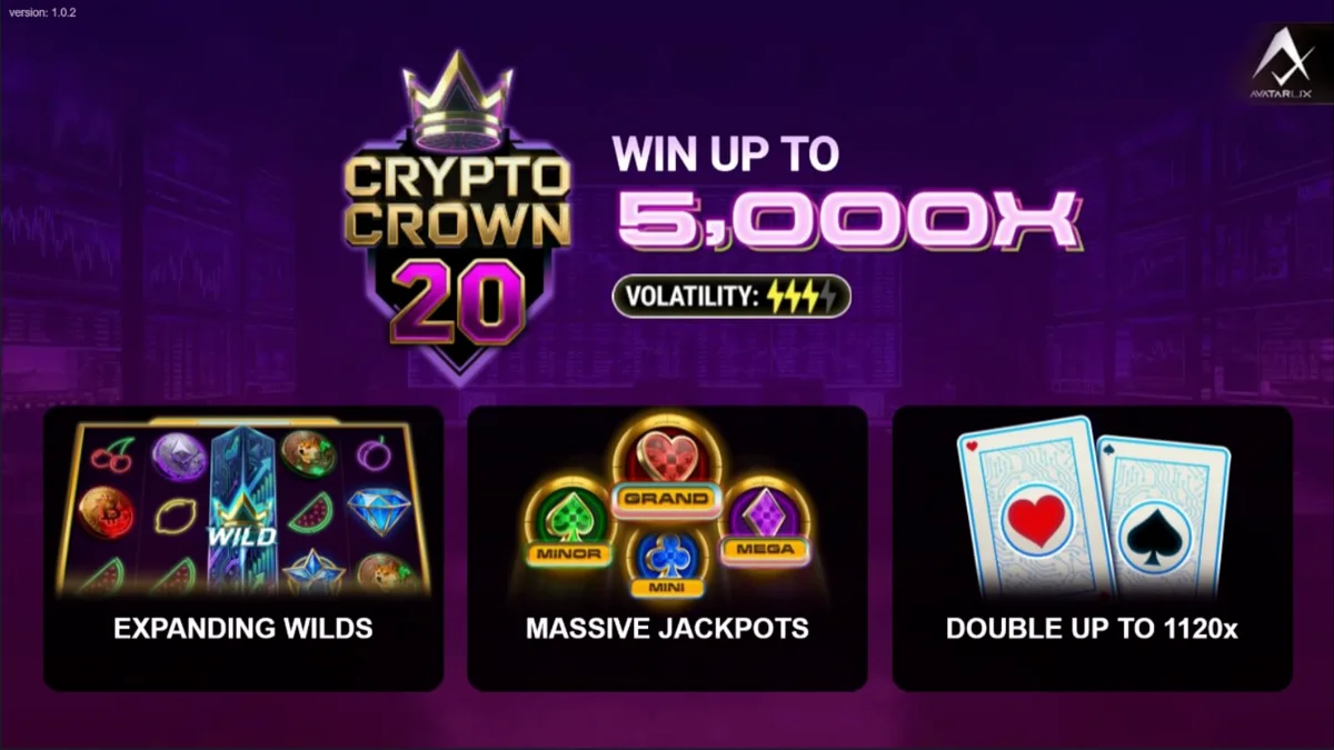 Interface do slot Crypto Crown 20 com símbolos de criptomoedas e frutas neon.
