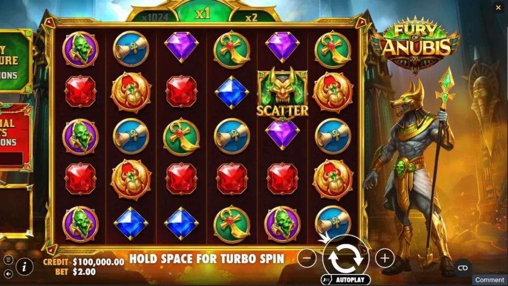 Interface do jogo Fury of Anubis com símbolos egípcios e multiplicadores em chamas