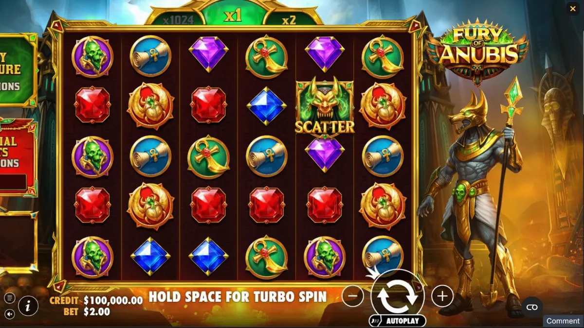 Interface do jogo Fury of Anubis com símbolos egípcios e multiplicadores em chamas